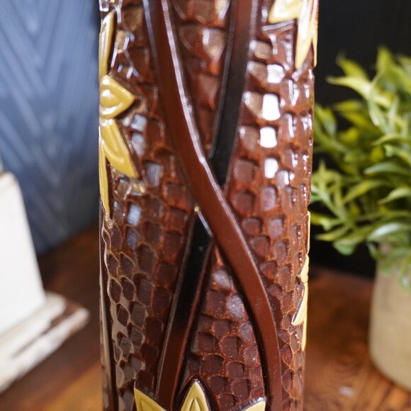 Vintage Studio Pottery Vase Brown Glazed Ceramic Vase with Embossed Flowers - Picture 9 of 12